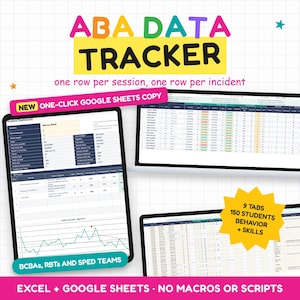 May include: An ABA Data Tracker digital spreadsheet tool for Excel and Google Sheets. The interface displays student dashboards, behavior tracking, and skill logs with charts. Text includes 'ABA DATA TRACKER', 'NEW ONE-CLICK GOOGLE SHEETS COPY', '9 TABS 150 STUDENTS BEHAVIOR + SKILLS', and 'BCBAs, RBTs AND SPED TEAMS'.