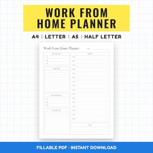 Planificador de trabajo desde casa, planificador de productividad imprimible, planificador de trabajo diario, minimalista, sin fecha, PDF rellenable, A4, A5, Carta