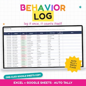 May include: A digital behaviour log spreadsheet displayed on a screen with colourful headers. The table includes columns for date, student name, behaviour type, setting, action taken, and notes. A yellow starburst graphic reads AUTO TALLY + WATCH FLAGS.