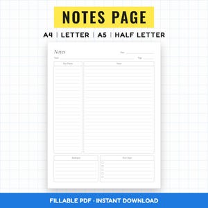 May include: A white digital notes page template featuring sections for Notes, Key Points, Summary, and Next Steps. The header displays NOTES PAGE with A4, LETTER, A5, and HALF LETTER options. The layout includes lines for date, topic, and page number.
