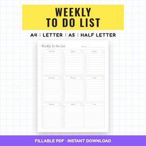 Pode incluir: Uma página de planeamento semanal branca com um cabeçalho amarelo com o texto WEEKLY TO DO LIST e os tamanhos A4, LETTER, A5, HALF LETTER. O planeador apresenta secções para cada dia da semana com caixas e linhas.