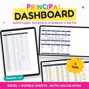 May include: A digital principal dashboard file for Excel and Google Sheets featuring observation coverage, discipline referrals, and attendance tracking. The interface includes six tabs, auto-calculating data, and clear tables for school administration management.