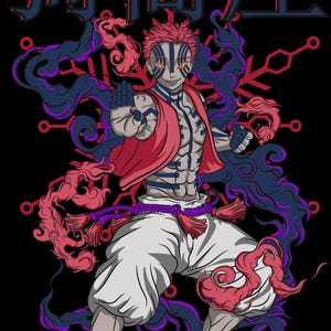Puede incluir: Una ilustración digital de un personaje con cabello rojo y un atuendo rojo y negro. El personaje está rodeado de humo morado y rojo. El texto "狼 畜 僪" está escrito en negro sobre el personaje.