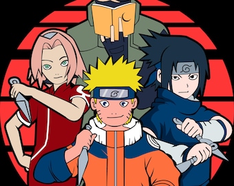 May include: A red and white circle with the Japanese text "第七班" and "カカシ班" in black.  The circle contains four anime characters: Naruto, Sasuke, Sakura, and Kakashi.  Naruto is in the center, wearing an orange and blue jumpsuit.  Sasuke is on the right, wearing a blue and black outfit.  Sakura is on the left, wearing a red and white outfit.  Kakashi is at the top, wearing a green and black outfit and holding a book.