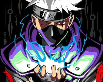 May include: A digital illustration of a character from the anime series Naruto. The character has spiky white hair, a purple and green jacket, and is holding a glowing blue orb in their hands. The character is wearing a black mask and a headband with the symbol of the Hidden Leaf Village.