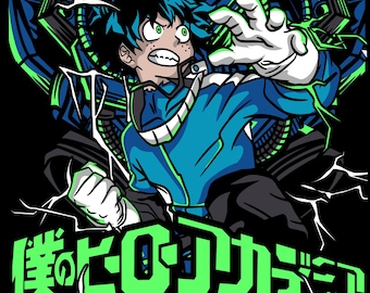 May include: A graphic illustration featuring a green-haired character in a blue jacket with white gloves, surrounded by neon green lightning effects and mechanical blue elements. The Japanese text "デク" and "僕のヒーローアカデミア" is displayed in white and green against a black background.