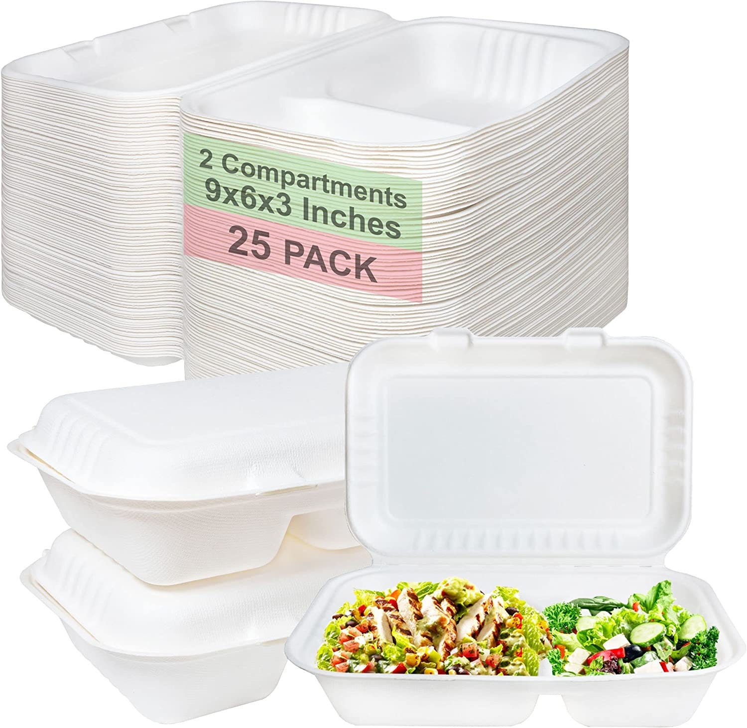 Eco-Friendly Meal Prep Containers 3 Compartment [150-Case 8x8x3]  Disposable to go Clamshell Food Containers Secure Snap Hinged Lid,  Microwave Safe Take Out Lunch Boxes, Made from Renewable Materials [Black]  - A World