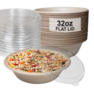 32 oz. White with Gold Rim Organic Round Disposable Plastic Bowls (60 Bowls)