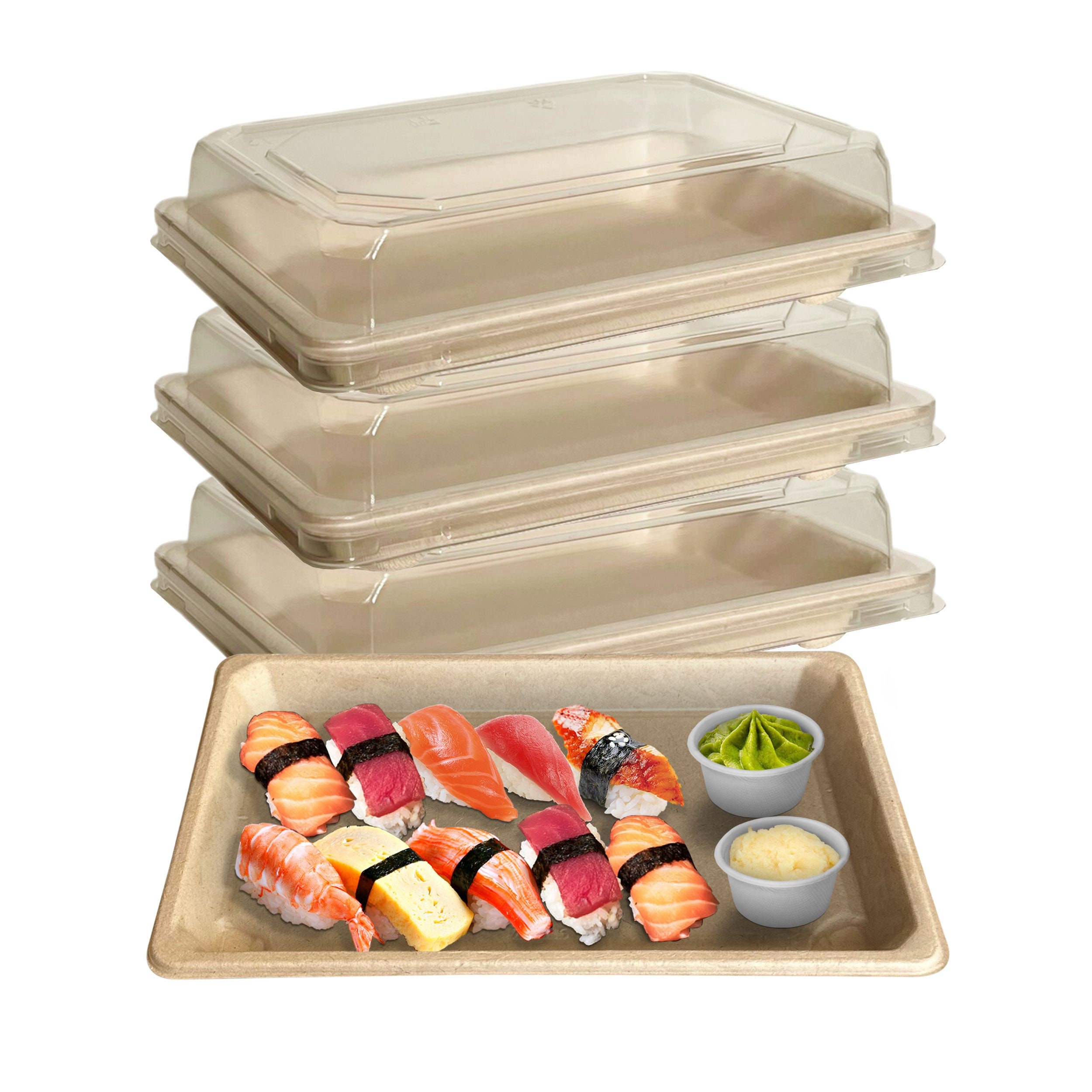 EcoQuality Black Sushi Trays with Lids 7.25 x 5 inch - Disposable Sushi Packaging Box, Carry Out Container, Take Out Boxes, Black Plastic to Go