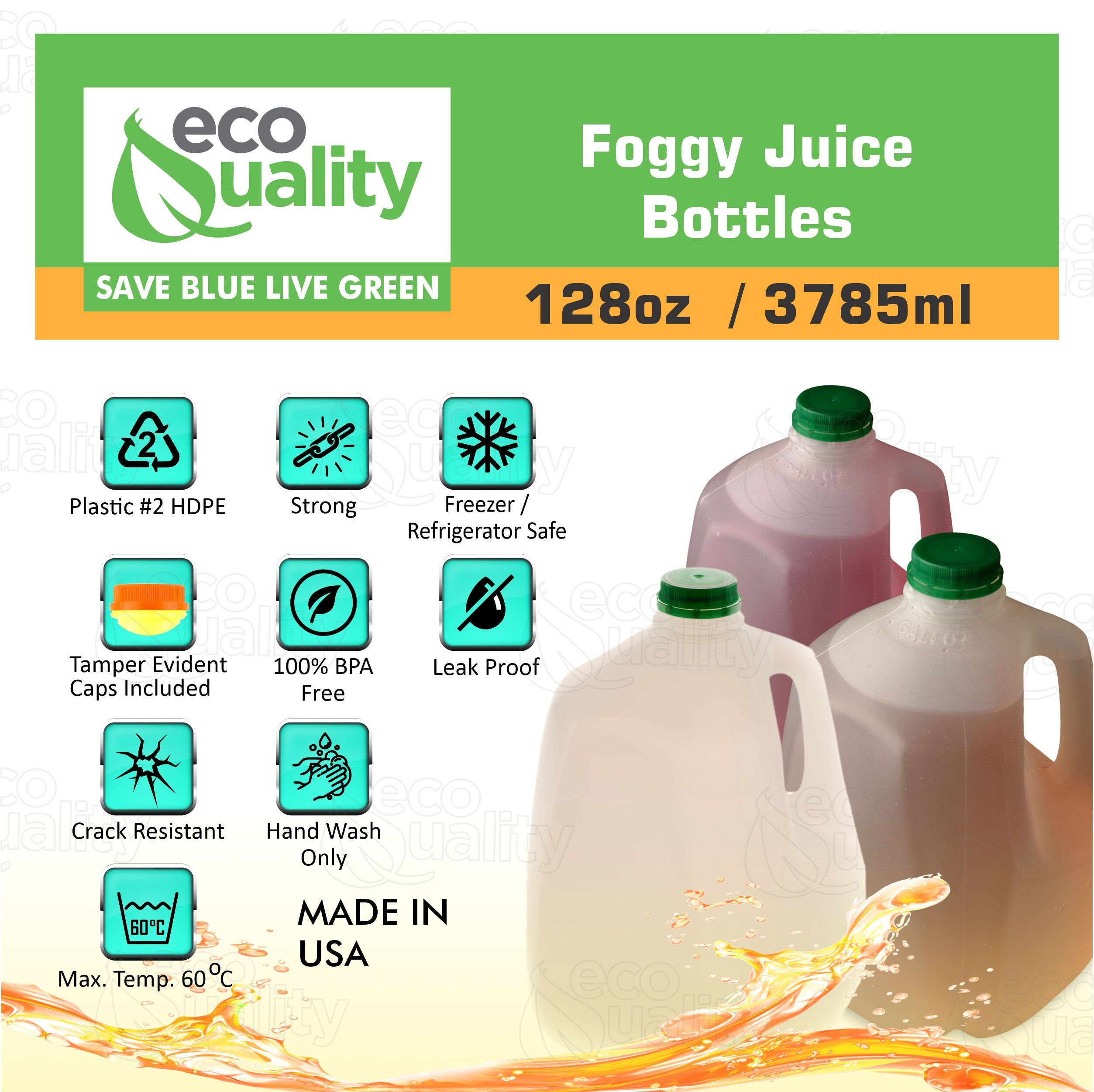 EcoQuality Empty Plastic Juice Bottles with Tamper Evident Caps 32 oz - Smoothie Bottles - Ideal for Juices, Milk, Smoothies, Picnics and E