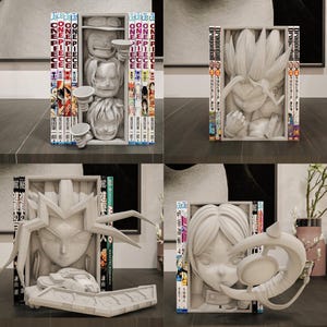 May include: Four white manga bookends, each featuring a different character design. The bookends are displayed on a dark shelf, with manga books placed between them. The designs include a character with a hat, a character with spiky hair, a character with a crown, and a character with a headset.