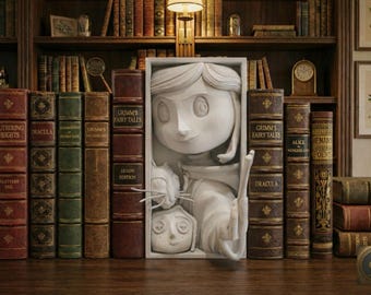 Button Eye Girl Book Nook | Secret Door Realm 3D Shadow Box | Dark Fantasy 3D Wall Art