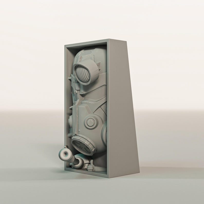May include: A gray, futuristic gas mask with multiple circular and oval components, housed within a matching gray rectangular box. The mask has a complex design with various tubes and vents, suggesting a protective or industrial function. The overall aesthetic is modern and mechanical.
