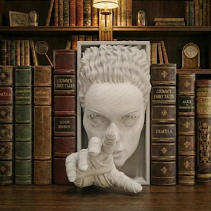 May include: A detailed image of a bookshelf filled with antique books. A white sculpture of a face and hand points towards the viewer. The books have titles like "Dracula" and "Grimm's Fairy Tales".