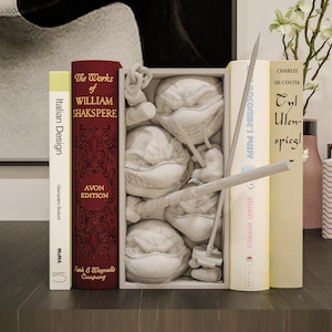 Puede incluir: Una composición decorativa con libros y una escultura. Los libros incluyen títulos como "The Works of William Shakspere" e "Italian Design". Una escultura de un personaje está en una caja. La paleta de colores es neutra con toques de rojo y amarillo.