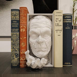 Puede incluir: Una exhibición decorativa con una cabeza y una mano esculpidas en blanco, enmarcadas por libros antiguos. Los libros incluyen títulos como "El libro de la selva". La paleta de colores incluye tonos de blanco, naranja y azul marino.