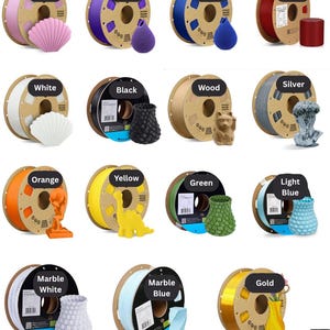 May include: A collection of 3D printer filament spools in various colors, including pink, purple, blue, red, white, black, wood, silver, orange, yellow, green, light blue, marble white, marble blue, and gold. Each spool is paired with a 3D-printed decorative object.