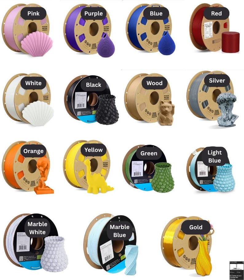 May include: A collection of 3D printer filament spools in various colors, including pink, purple, blue, red, white, black, wood, silver, orange, yellow, green, light blue, marble white, marble blue, and gold. Each spool is paired with a 3D-printed decorative object.