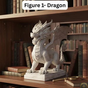May include: A white dragon statue with detailed scales, wings, and a fierce expression, displayed on a marble base. The text "Figure 1- Dragon" is above the statue. The statue is on a wooden shelf with books in the background.