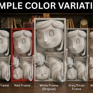 May include: Sculpted relief art pieces in various frame colors, including black, red, white, gray/silver, and wood. Each piece features a stylized girl with a cat and a smaller figure. The text "SAMPLE COLOR VARIATION" is at the top.