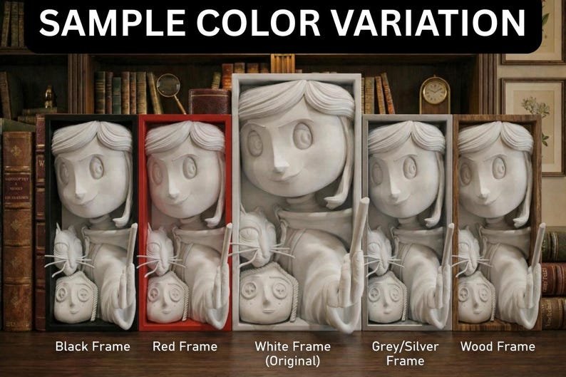 May include: Sculpted relief art pieces in various frame colors, including black, red, white, gray/silver, and wood. Each piece features a stylized girl with a cat and a smaller figure. The text "SAMPLE COLOR VARIATION" is at the top.
