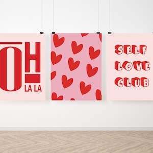 Trendy Retro Wall Art Set of 3,Retro Trendy Aesthetic Heart Poster, Pink Love and Heart Gallery Wall Prints