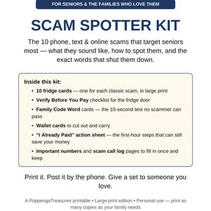Scam Spotter Kit for Seniors, Large Print Scam Prevention Fridge Cards, Family Code Word, Wallet Cards, Printable PDF