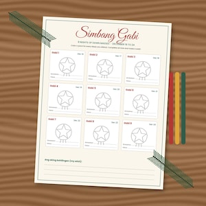 May include: A Simbang Gabi tracker sheet featuring nine rectangular boxes, each containing a star-shaped parol outline to color. The document includes dates from December 16 to 24, labeled Gabi 1 through 9, and a section at the bottom for a wish.