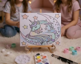 Unicorn Paint Party Kit, Pre-Drawn Canvas, Celestial Moon Art
