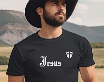 Jesus with Cross Shirt, Faith Tshirt, Christian Gifts, Christian Shirt, gifts for him, gifts for her, old font tee, old english t-shirt