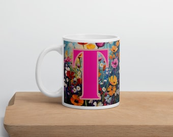 Personalized Floral Monogram Mug - Vibrant Letter 'T' Ceramic Coffee Cup, Perfect Gift for Her