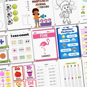 Op de afbeelding: Een verzameling afdrukbare educatieve werkbladen voor kinderen. De werkbladen bevatten activiteiten zoals het traceren van cirkels, het identificeren van vormen, het tellen van objecten, het leren over het weer, de dagen van de week en gevoelens. Er zijn ook alfabet flashcards met afbeeldingen van een appel, een emmer en andere objecten.