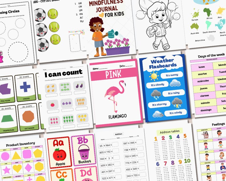 Op de afbeelding: Een verzameling afdrukbare educatieve werkbladen voor kinderen. De werkbladen bevatten activiteiten zoals het traceren van cirkels, het identificeren van vormen, het tellen van objecten, het leren over het weer, de dagen van de week en gevoelens. Er zijn ook alfabet flashcards met afbeeldingen van een appel, een emmer en andere objecten.