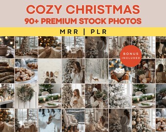 May include: A collage of 90+ cosy Christmas stock photos featuring snowy landscapes, decorated Christmas trees, warm interiors, and festive details. The text "Cozy Christmas 90+ Premium Stock Photos MRR | PLR" is displayed at the top of the image. The text "Bonus Included" is displayed in a red circle at the bottom of the image.