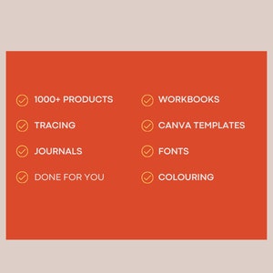 Op de afbeelding: Oranje achtergrond met een lijst van functies voor een product. De lijst bevat meer dan 1000 producten, traceren, dagboeken, klaar voor je, werkboeken, Canva-sjablonen, lettertypen en kleuren.
