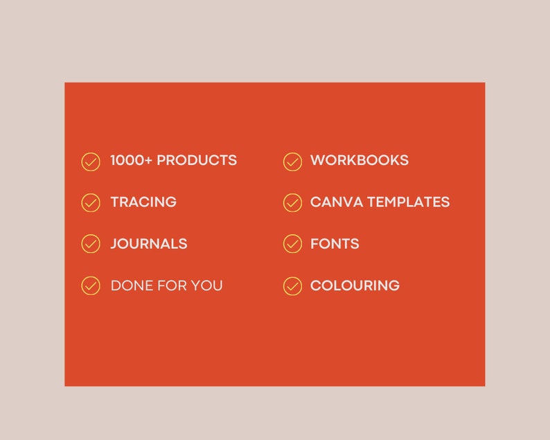 Op de afbeelding: Oranje achtergrond met een lijst van functies voor een product. De lijst bevat meer dan 1000 producten, traceren, dagboeken, klaar voor je, werkboeken, Canva-sjablonen, lettertypen en kleuren.