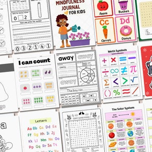 Op de afbeelding: Een verzameling afdrukbare werkbladen voor kinderen met verschillende educatieve activiteiten, waaronder tellen, letters traceren, leren over het zonnestelsel en mindfulness oefenen. De werkbladen zijn kleurrijk en boeiend, met illustraties van fruit, groenten, dieren en andere objecten.