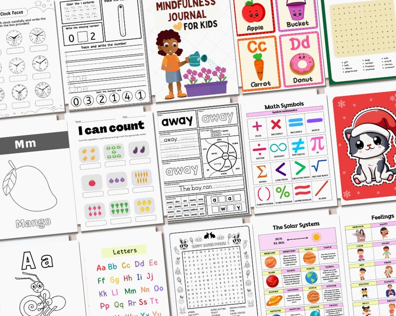 Op de afbeelding: Een verzameling afdrukbare werkbladen voor kinderen met verschillende educatieve activiteiten, waaronder tellen, letters traceren, leren over het zonnestelsel en mindfulness oefenen. De werkbladen zijn kleurrijk en boeiend, met illustraties van fruit, groenten, dieren en andere objecten.
