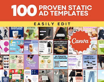 May include: A collage of 100 social media ad templates for various products and services. The templates are easily editable and feature a variety of designs and colors. The text "Canva" is visible in the center of the collage.