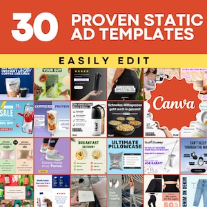 Può includere: Un collage di 30 modelli di annunci statici per i social media per Canva, che presenta vari prodotti e servizi. I modelli sono facilmente modificabili e includono immagini, testo e grafica. Il testo include "Modelli di annunci statici comprovati", "Modifica facile", "Canva", "Sconto del 70%", "Decisione della colazione?", "Fodera per cuscino definitiva", "Non riesci a dormire per il rumore?", "Jeans su jeans", e altro ancora.