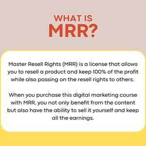 Op de afbeelding: Een gele en oranje grafiek met de tekst "WHAT IS MRR?" en een uitleg van Master Resell Rights (MRR) als een licentie die je toestaat om een product door te verkopen en 100% van de winst te houden, terwijl je de doorverkooprechten ook aan anderen doorgeeft.