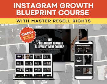 Op de afbeelding: Een laptop en een smartphone tonen een cursus met de titel "The Instagram Growth Blueprint Mini Course". De cursus omvat meer dan $ 1400 aan bonussen. De cursus is ontworpen om mensen te helpen hun Instagram-accounts te laten groeien.