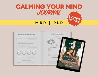 May include: A digital journal cover with the title "Calming Your Mind Journal" in white text on a black background. The cover also features the text "Sparkling South" in white text on a black background. The journal is open to a page with the title "Create Your Calm Corner" and a page with the title "Rituals and Routines".