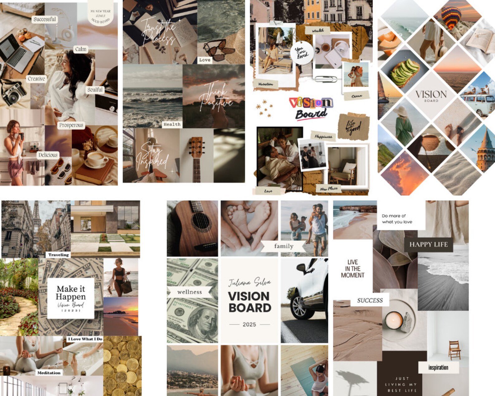 2025 Vision Board Manifest Happiness Printable PDF Mood Board for Women ...