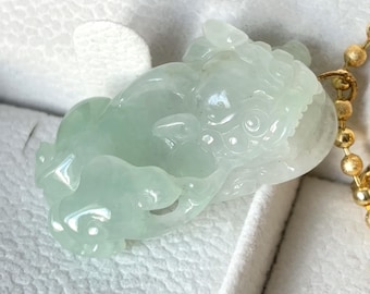 Grade A Premium Pea Green Burmese Jade Carved Lucky Money Beast (PiXiu) Pendant Necklace - 33mm