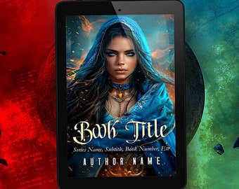 Premade Book Cover YA Fantasy Beautiful Biracial Romani Romany Young Sorceress Dark Hair Blue Eyes Magical Academia Blue Hood Fire Embers