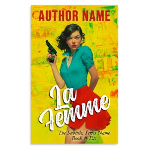 Portada de libro prediseñada con colores vibrantes, mujer fatal con pistola, estilo pop art vintage dramático (descarga digital en blanco) imagen 1