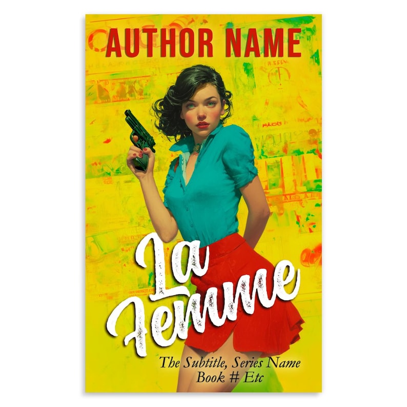 Portada de libro prediseñada con colores vibrantes, mujer fatal con pistola, estilo pop art vintage dramático (descarga digital en blanco) imagen 1