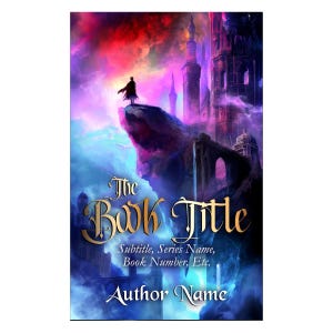 May include: A fantasy book cover featuring a silhouette of a person standing on a cliff overlooking a majestic castle with a purple and blue sky. The title "The Book Title" is written in gold script with the subtitle "Subtitle, Series Name, Book Number, Etc." and the author's name "Author Name" below.