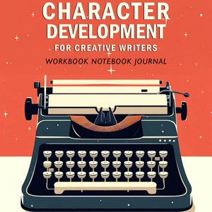 Puede incluir: Una máquina de escribir de estilo vintage con un fondo rojo y blanco. El texto de la portada dice "Character Development for Creative Writers Workbook Notebook Journal" y "K. Thomas".